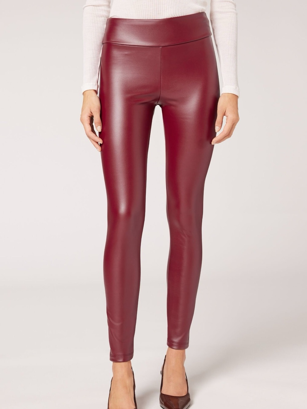 Faux Leather High-Waist Leggings - burgundy size M
